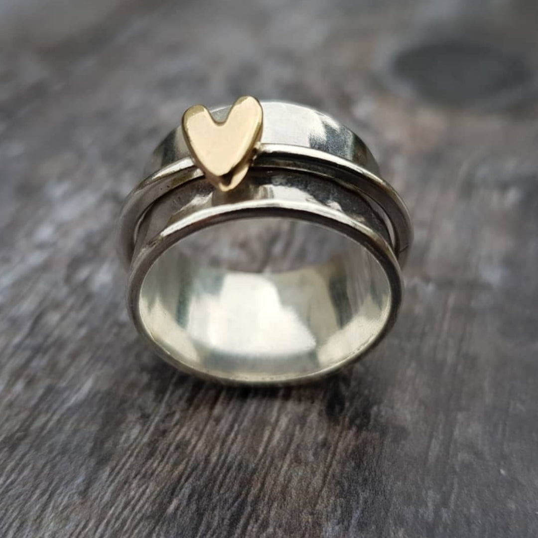 Selinne™ | Women’s Rustic Silver Ring with Gold Heart