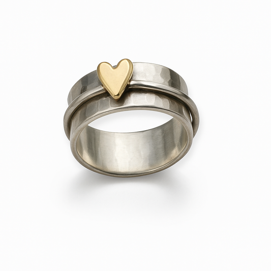 Selinne™ | Women’s Rustic Silver Ring with Gold Heart