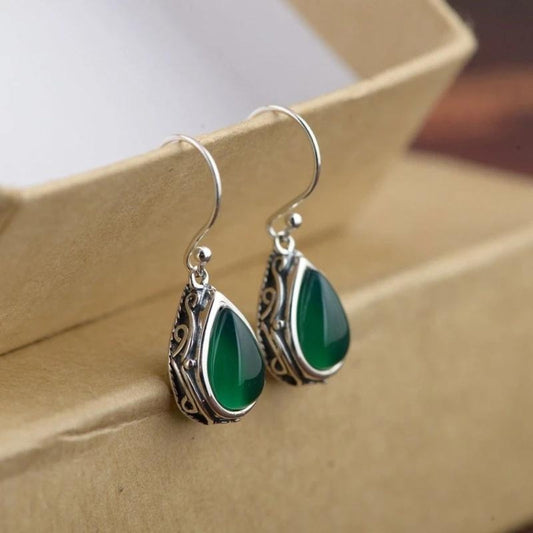 Serenya™ | Retro Silver & Green Stone Earrings